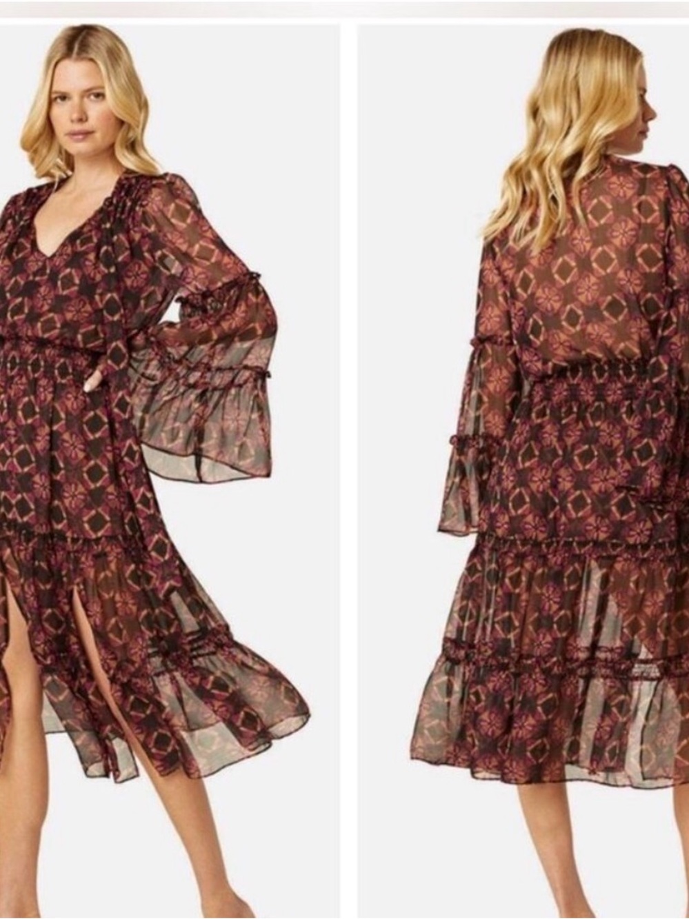 Misa Los Angeles Burgundy Floral Midi Dress with Pink Accents